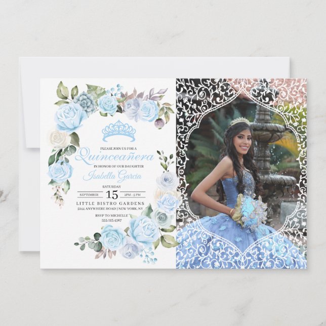 Invitation Quinceanera Florale Bleue Anniversaire Photo Invit (Devant)