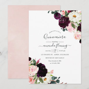 Invitation Quinceañera Florale Bourguignon et Rose Pâle