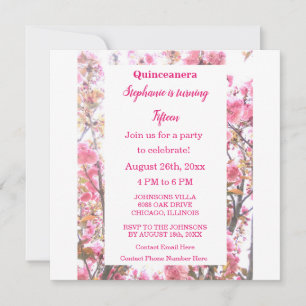 Invitation Quinceanera florale cerise rose Quinzième annivers