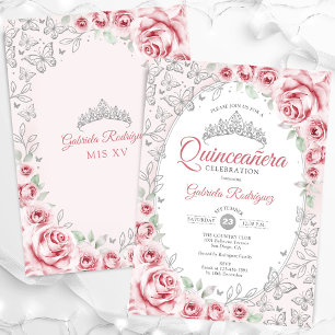 Invitation Quinceanera florale d'argent rose