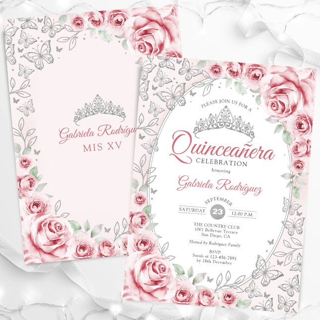 Invitation Quinceanera florale d'argent rose (Créateur téléchargé)