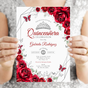 Invitation Quinceanera florale d'argent rouge