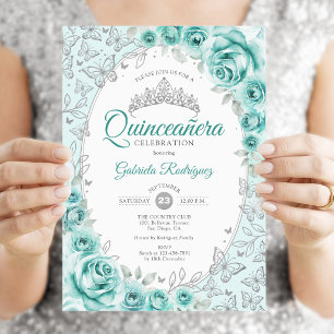 Invitation Quinceanera florale d'argent turquoise