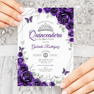 Invitation Quinceanera florale d'argent violet