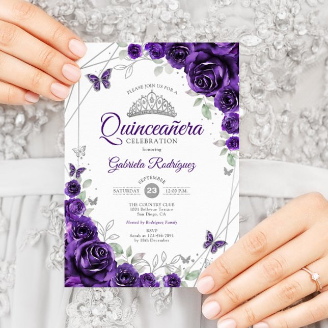 Invitation Quinceanera florale d'argent violet (Créateur téléchargé)