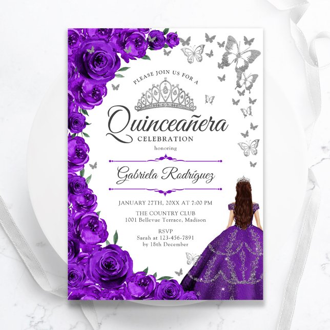 Invitation Quinceanera florale d'argent violet (Créateur téléchargé)
