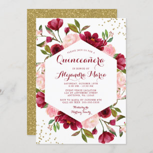 Invitation Quinceanera florale de Bourgogne moderne