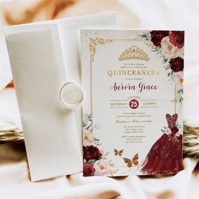 Invitation Quinceañera Florale de Bourgogne Princess Mis Quin (Créateur téléchargé)