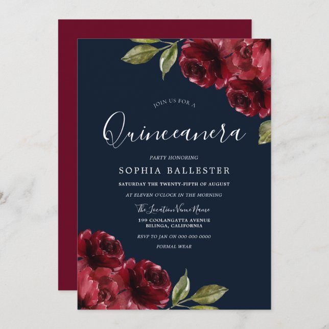 Invitation Quinceanera florale de la Bourgogne et de la Marin (Devant / Derrière)