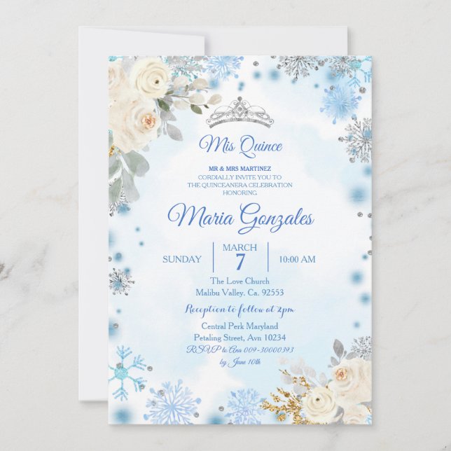 Invitation Quinceanera florale de Noël et flocon de neige arg (Devant)