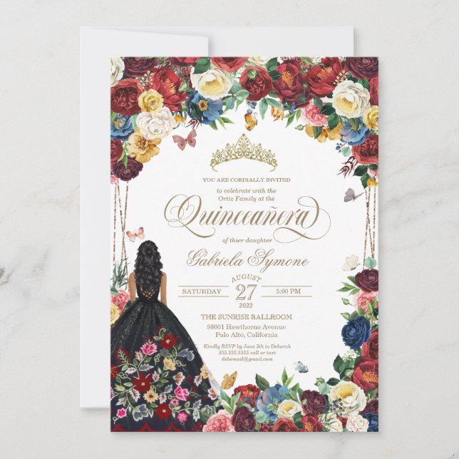 Invitation Quinceanera Florale De Papillon Mexicain Broderie  (Devant)
