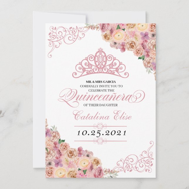 Invitation Quinceanera florale de Peach rose rousse Anniversa (Devant)