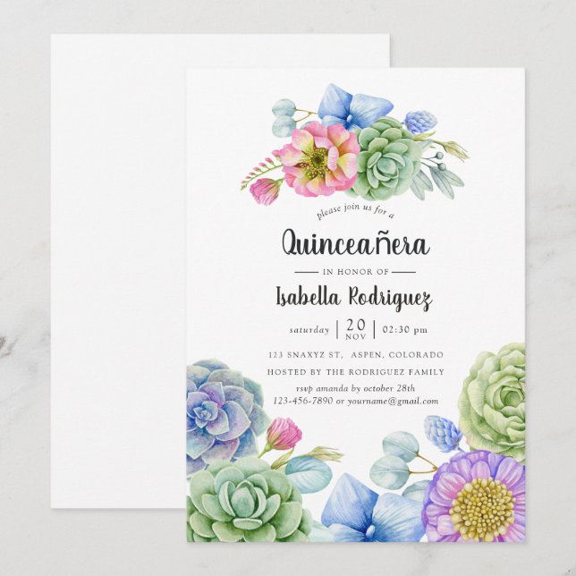 Invitation Quinceañera Florale de Succulente à la Mode (Devant / Derrière)