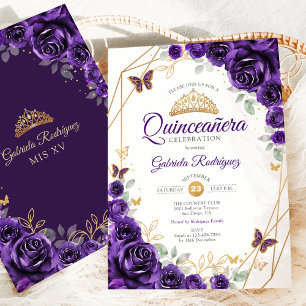 Invitation Quinceanera Florale d'or pourpre