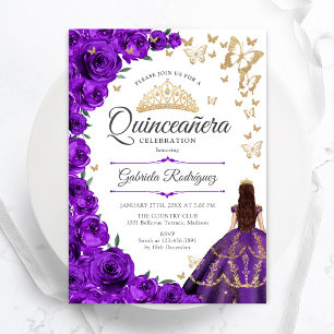 Invitation Quinceanera Florale d'or pourpre
