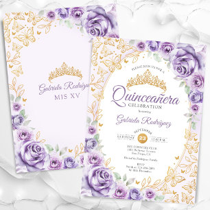 Invitation Quinceanera Florale d'or violet Lilac