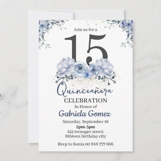 Invitation Quinceanera Florale Dusty Blue 15e anniversaire (Devant)