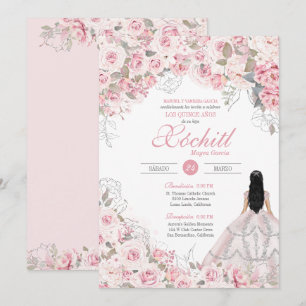 Invitation Quinceanera florale Élégante en fleurs roses