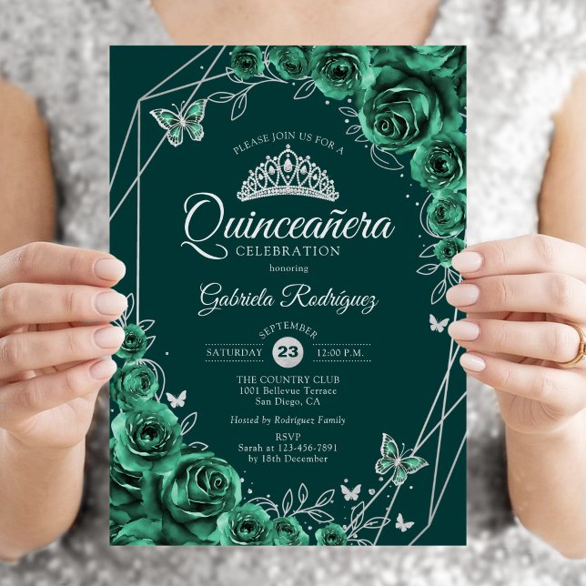 Invitation Quinceanera Florale Émeraude Vert Argent (Créateur téléchargé)