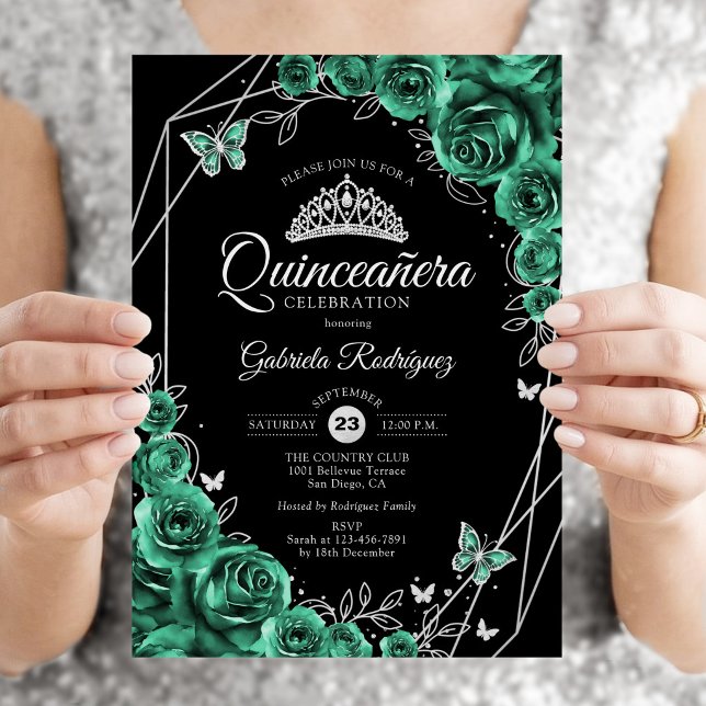 Invitation Quinceanera Florale Émeraude Vert Argent Noir (Créateur téléchargé)