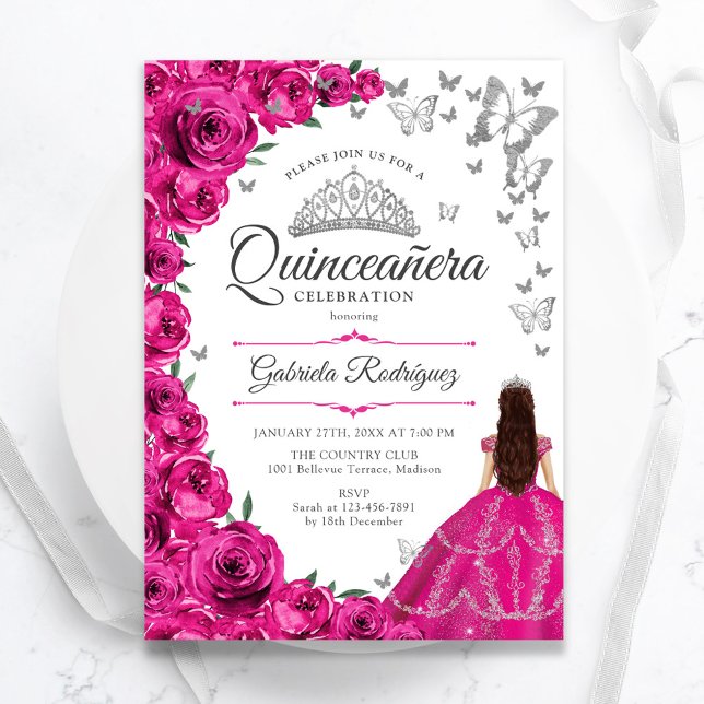 Invitation Quinceanera florale en argent rose Fuchsia (Créateur téléchargé)
