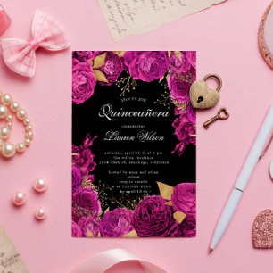 Invitation Quinceanera florale exclusive or rose chaud