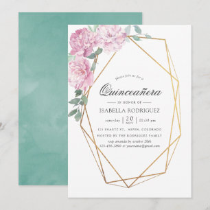 Invitation Quinceañera florale géométrique rose et menthe