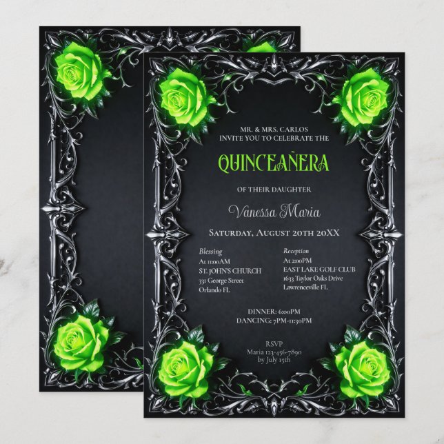 Invitation Quinceanera Florale Gothique Verte Hall (Devant / Derrière)