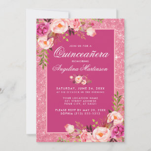 Invitation Quinceanera Florale Hot rose Parties scintillant I
