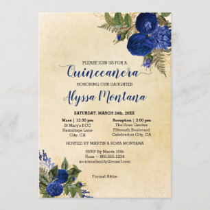 Invitation Quinceanera Florale Masse Bleue Royale & Réception