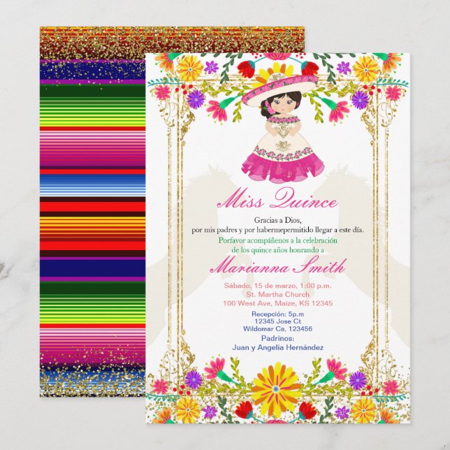 Invitation Quinceañera Florale Mexicaine Colorée Rose  (Devant / Derrière)