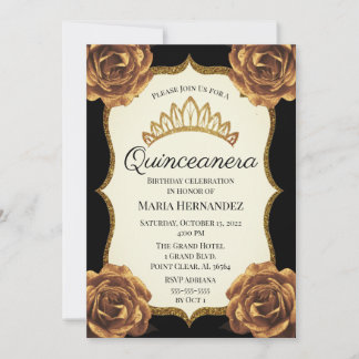 Invitation Quinceanera Florale Noir et Or