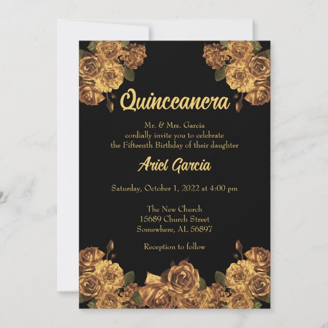 Invitation Quinceanera Florale Noire et Or (Devant)