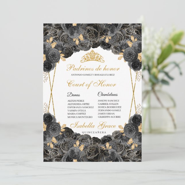 Invitation Quinceanera florale noire et or Cour d'honneur (Debout devant)