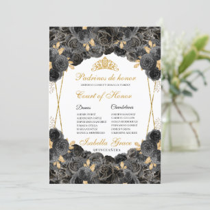 Invitation Quinceanera florale noire et or Cour d'honneur