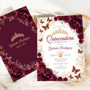Invitation Quinceanera Florale Or Bourgogne