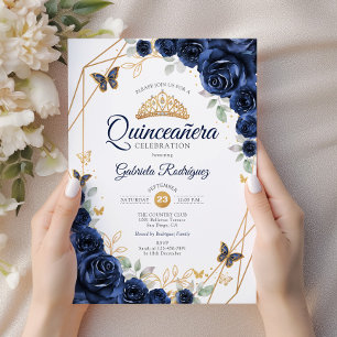 Invitation Quinceanera florale or marine