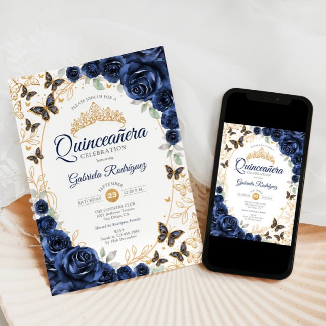 Invitation Quinceanera Florale Or Navy (Créateur téléchargé)