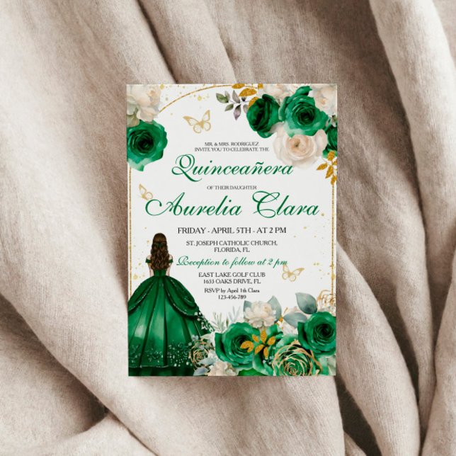 Invitation Quinceanera Florale Or Vert (Créateur téléchargé)