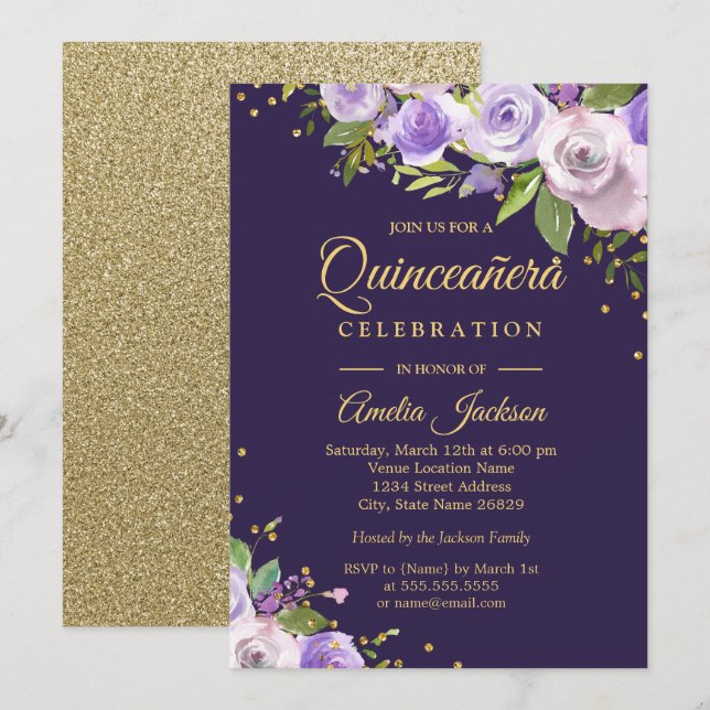 Invitation Quinceanera Florale Pailletée Or Violet (Devant / Derrière)