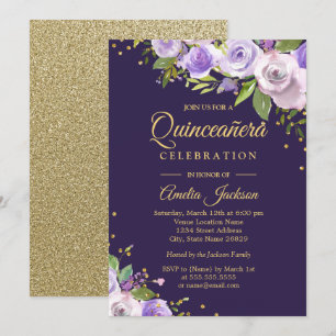 Invitation Quinceanera Florale Pailletée Or Violet