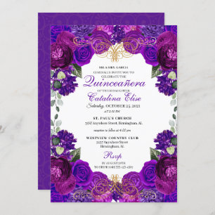 Invitation Quinceanera florale pourpre et or