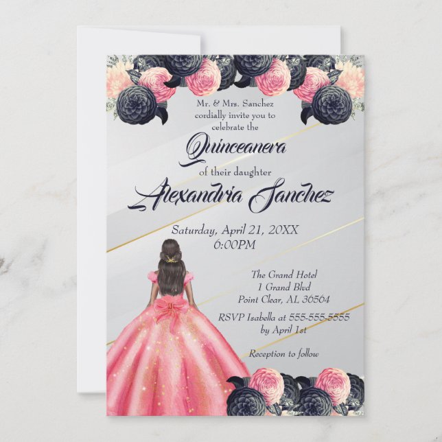 Invitation Quinceanera florale rayée rose et bleu (Devant)