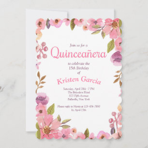 Invitation Quinceañera florale rose