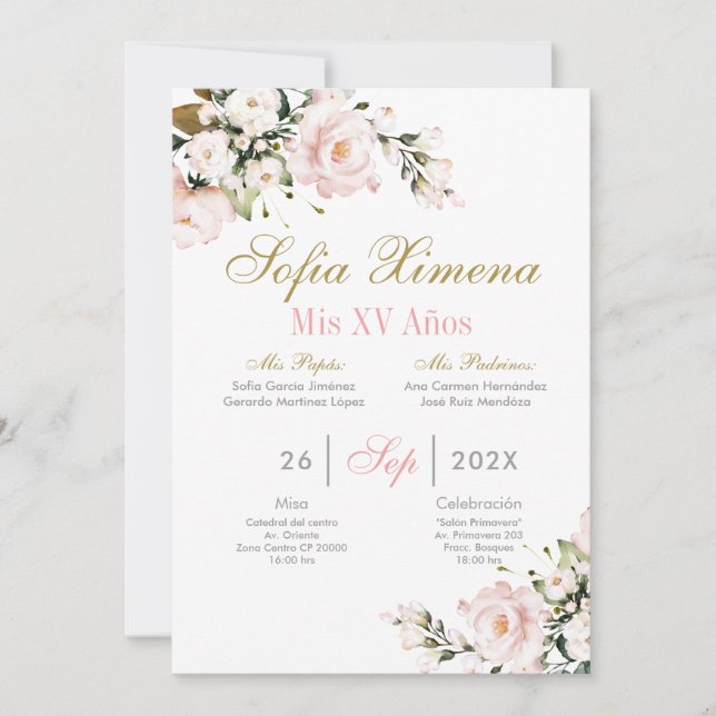 Invitation Quinceanera florale rose (Devant)