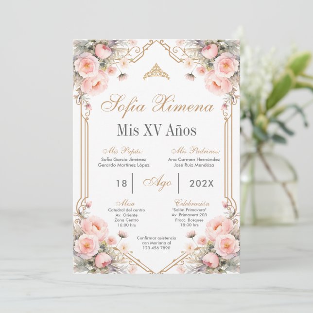 Invitation Quinceanera Florale Rose (Debout devant)