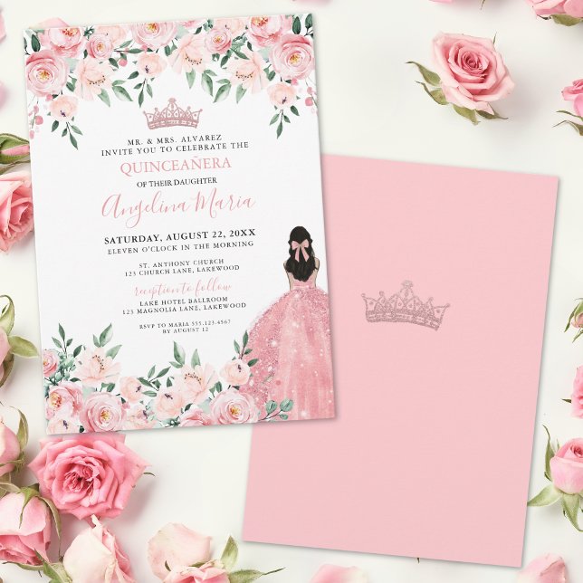 Invitation Quinceanera Florale Rose (Blush Pink Floral Quinceanera Invitation)