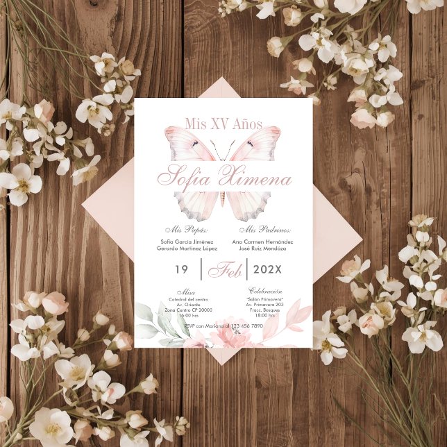 Invitation Quinceañera Florale Rose avec Papillons (Créateur téléchargé)
