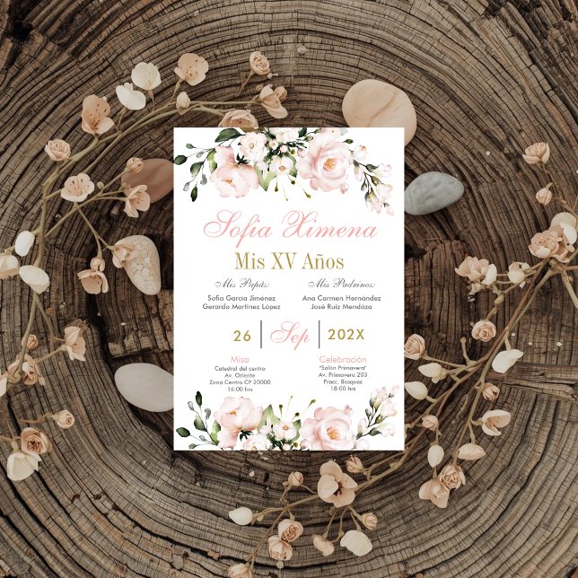 Invitation Quinceanera Florale Rose Blush Espagnole (Créateur téléchargé)