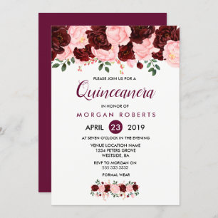 Invitation Quinceanera Florale Rose & Bourgogne